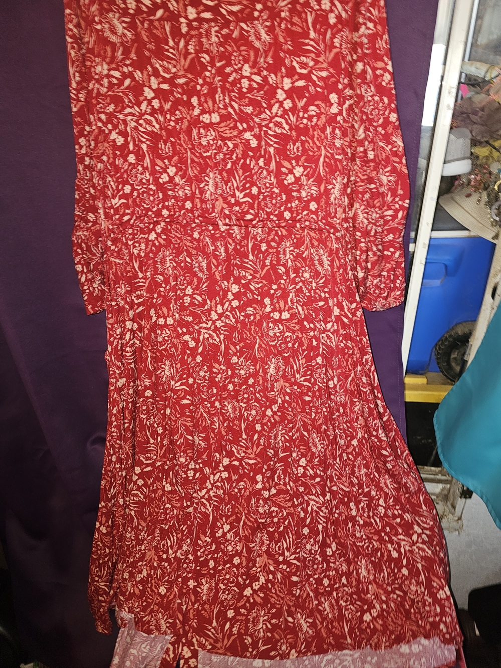 Red Floral Midi Dress with Long Sleeves